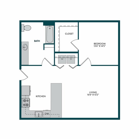 Floor plan for 1 bed, 1 bath, 759 sqft